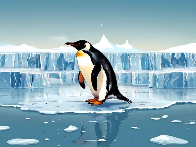 Vector un pingüino está de pie en el hielo con hielo y hielo en el fondo