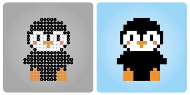 El pingüino de píxeles de 8 bits está sentado. Animales para activos de juego y patrón de cuentas en ilustración vectorial