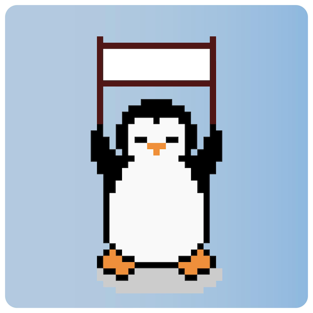 El pingüino de píxeles de 8 bits sostiene una pancarta. Animales de píxeles para activos de juegos en ilustraciones vectoriales