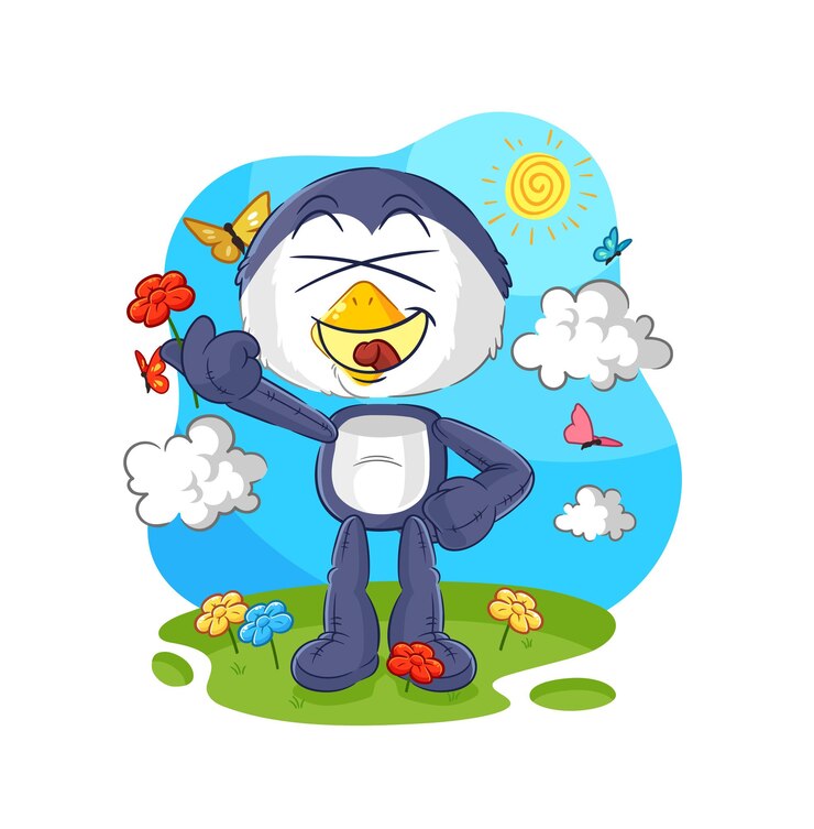 Vector pingüino recoger flores en vector de caracteres de primavera