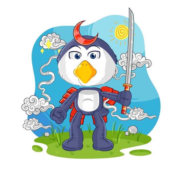 Pingüino, samurai, caricatura, caricatura, mascota, vector