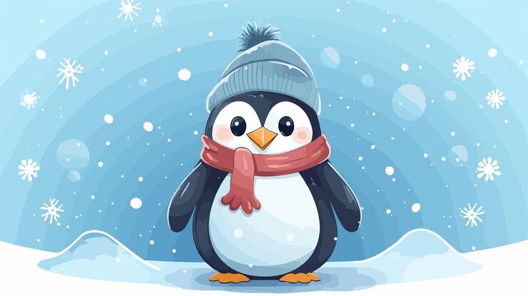 un pingüino en un sombrero con una bufanda alrededor de su cuello