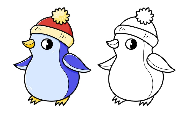 Pinguino en el sombrero libro de colorear con ejemplo de colorear para niños Página para colorear con pingüino en el Sombrero Versión monocromática y a color Ilustración vectorial para niños