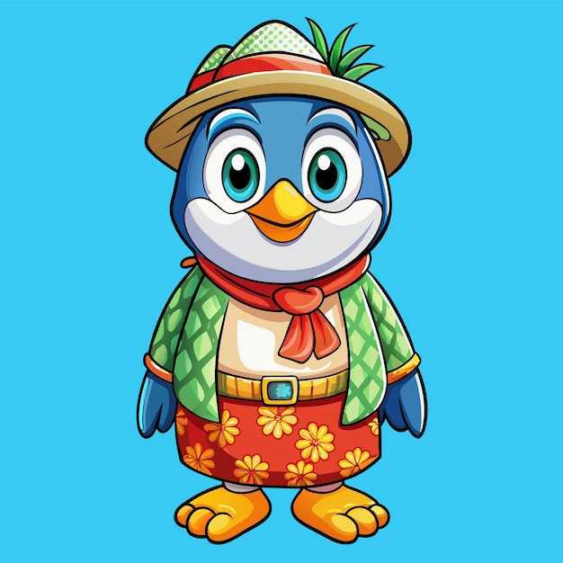 Pingüino en sombrero de paja de verano mascota dibujada a mano personaje de dibujos animados pegatina icono concepto aislado