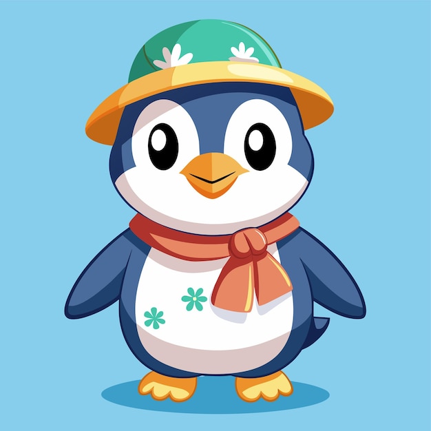 Pingüino en sombrero de paja de verano mascota dibujada a mano personaje de dibujos animados pegatina icono concepto aislado