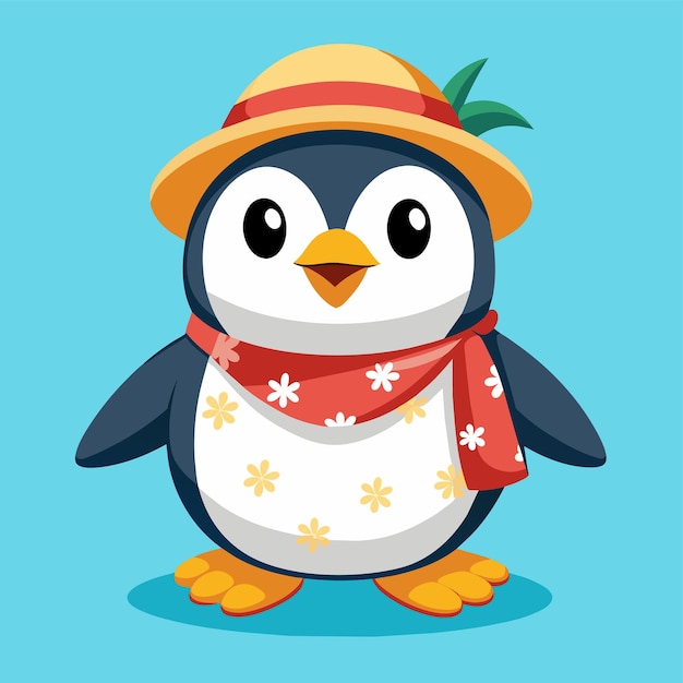 Pingüino en sombrero de paja de verano mascota dibujada a mano personaje de dibujos animados pegatina icono concepto aislado