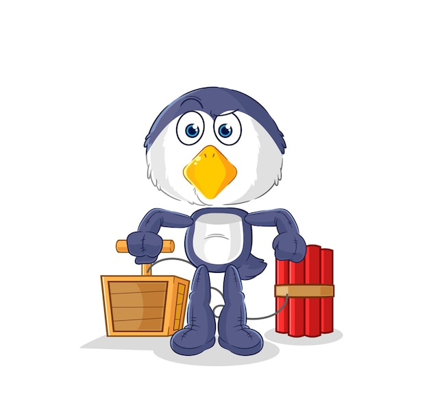 Pingüino con vector de mascota de dibujos animados de detonador de dinamita