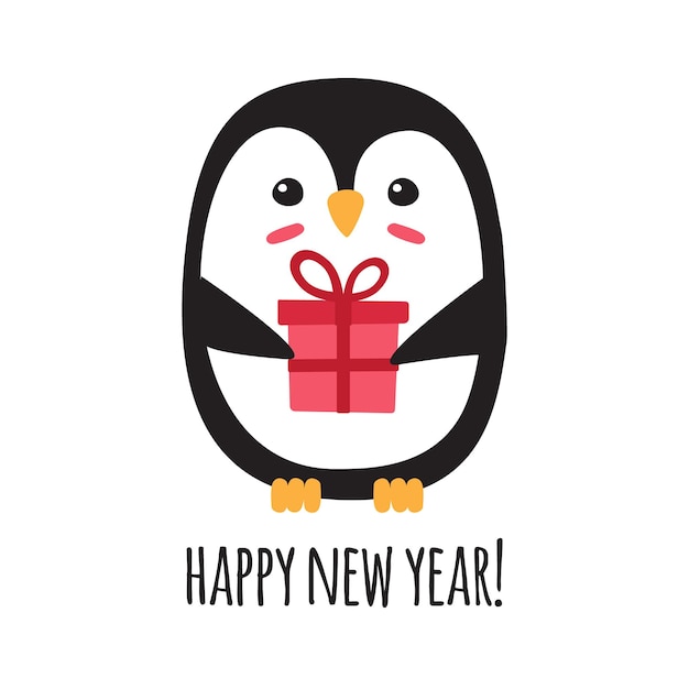 Pingüino de vector con regalo y feliz año nuevo texto