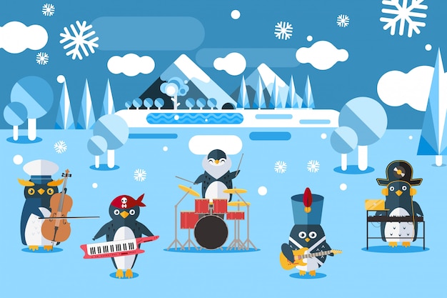 Pingüinos de grupo musical en trajes de ilustración. el personaje de los animales toca instrumentos musicales en terreno frío, norte y nevado.