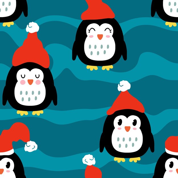 Pingüinos de invierno en sombreros sobre fondo ondulado patrón sin costuras impresión perfecta para camiseta textil y papel ilustración de vector dibujado a mano para decoración y diseño