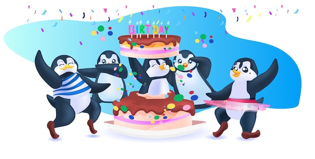 Pingüinos lindos celebrando la fiesta de cumpleaños pájaros antárticos divirtiéndose horizontal de longitud completa