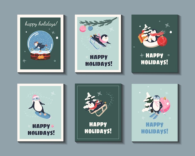 Pingüinos lindos dibujados a mano conjunto Feliz Navidad saludos Tarjetas de vacaciones de invierno Plantillas de Navidad Árbol de Navidad pingüino bebé Adorno de Navidad pájaro