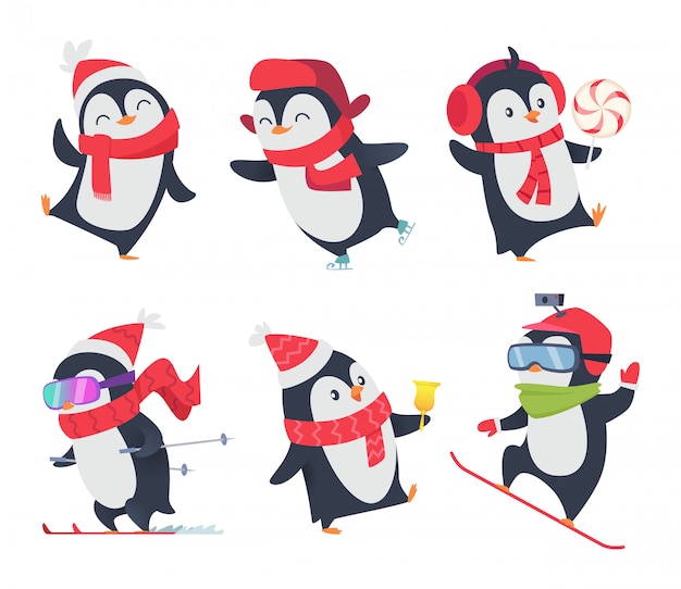 Pingüinos lindos personajes de dibujos animados bebé dulce invierno salvaje nieve animales pose aislado