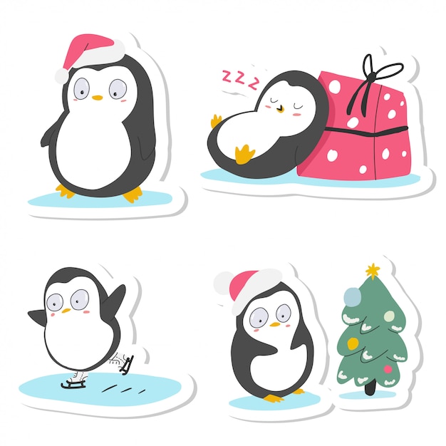 Pingüinos de navidad lindo conjunto de pegatinas de dibujos animados aislado en un fondo blanco.