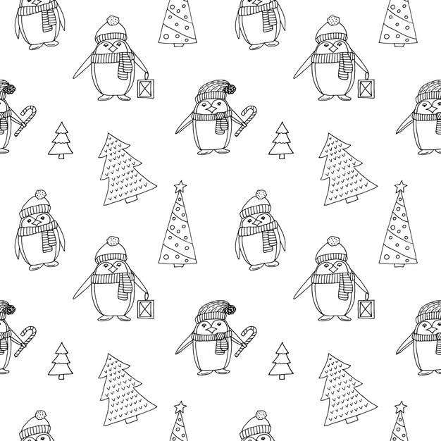 Pinguinos de patrón sin costura y árboles de navidad dibujo a mano de ilustración vectorial