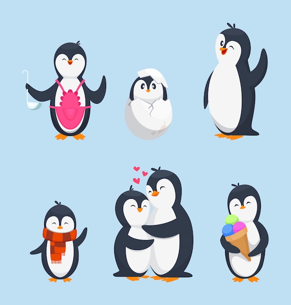 Pinguins divertidos en diferentes poses de acción. mascotas de dibujos animados aislar