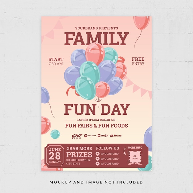 Pink Balloons Themed Family Fun Day Event Fam Extravaganza Plantilla de volante en vector V1