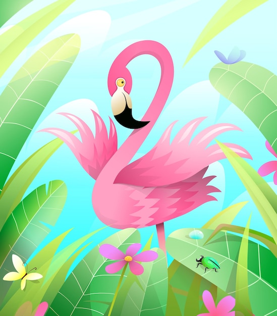 Pink flamingo en naturaleza verde, enmarcado con hojas y pasto. ilustración en estilo acuarela.