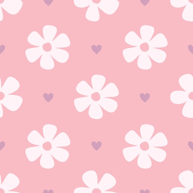 Pink floral seamless pattern with hearts