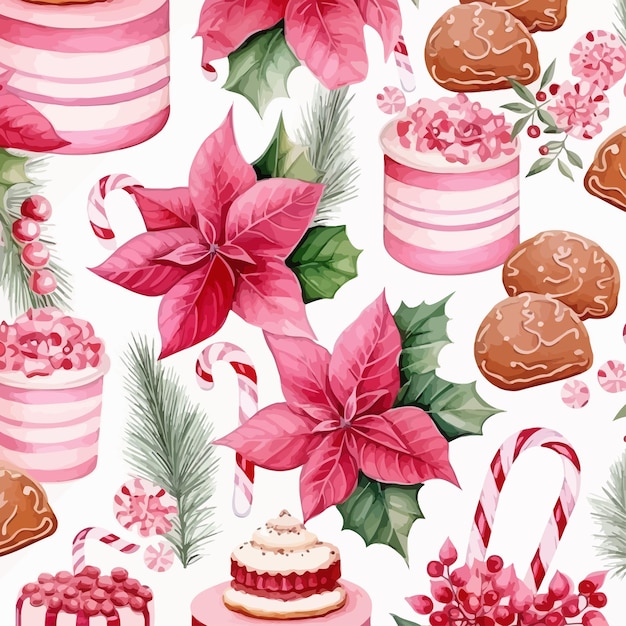 Vector pink_poinsettia_new_years_candy_canes_macarons