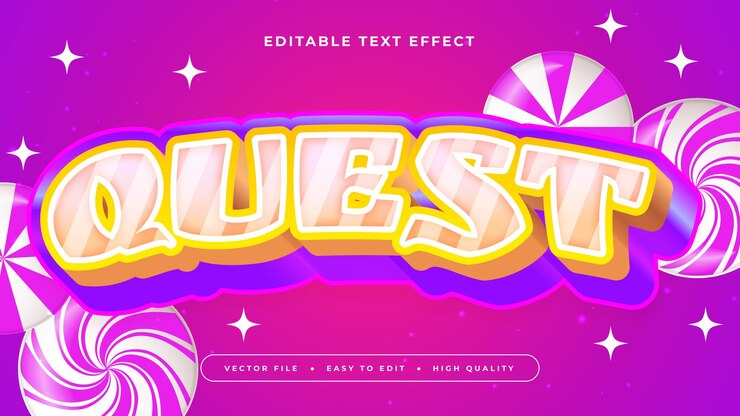 Vector pink violet y orange quest 3d efecto de texto editable estilo de fuente