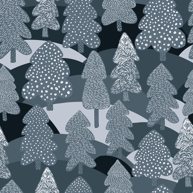 Pino de invierno escandinavo de patrones sin fisuras. Fondo de bosque de Doodle. Estilo de arte ingenuo. Diseño dibujado a mano para tela, estampado textil, papel de regalo, textil infantil. Ilustración vectorial