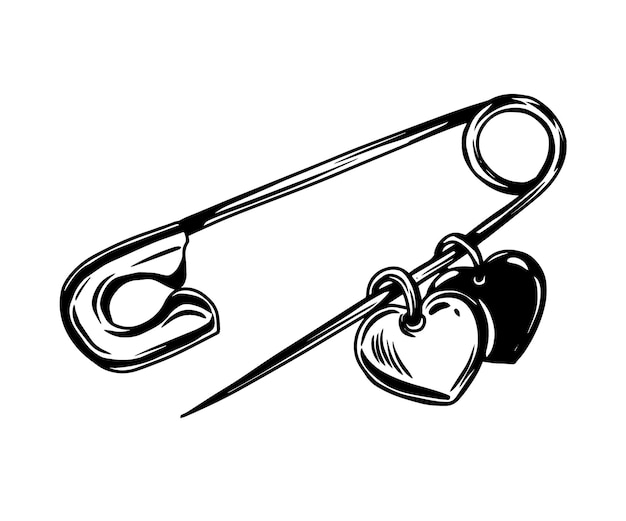 Pino de seguridad con el corazón dibujo vectorial ilustración de diseño de impresión de contorno negro flash tatuaje