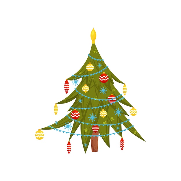 Pino verde decorado con guirnaldas juguetes coloridos y copos de nieve Elemento gráfico para tarjetas de felicitación o carteles publicitarios Ilustración vectorial de dibujos animados Icono plano aislado sobre fondo blanco