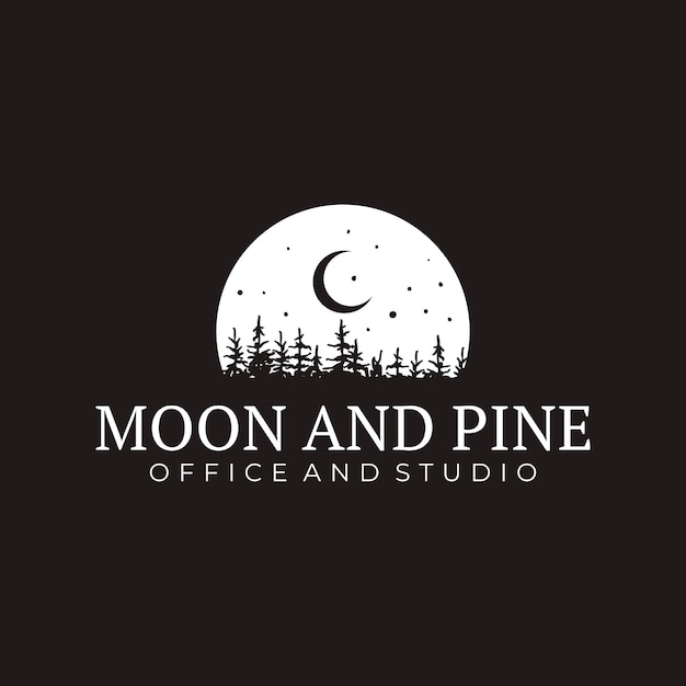 Pinos con diseño de icono de símbolo vectorial del logotipo de la noche de la luna