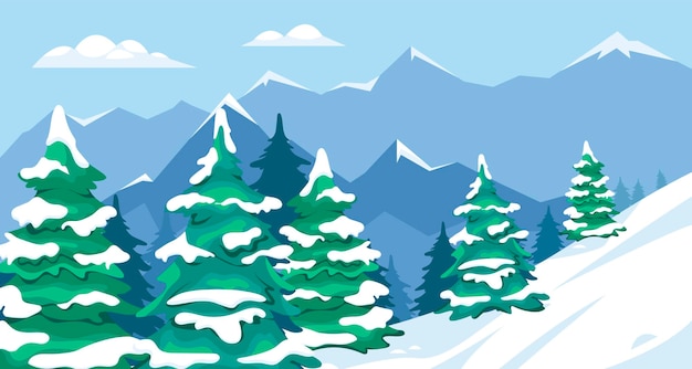 Pinos nevados en la ilustración vectorial del paisaje de montaña