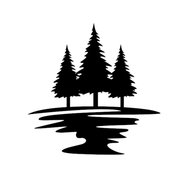pinos con silueta de agua del lago arte vectorial