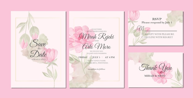 Pintado a mano de hermosas flores de peonía rosa acuarela como plantilla de invitación de boda