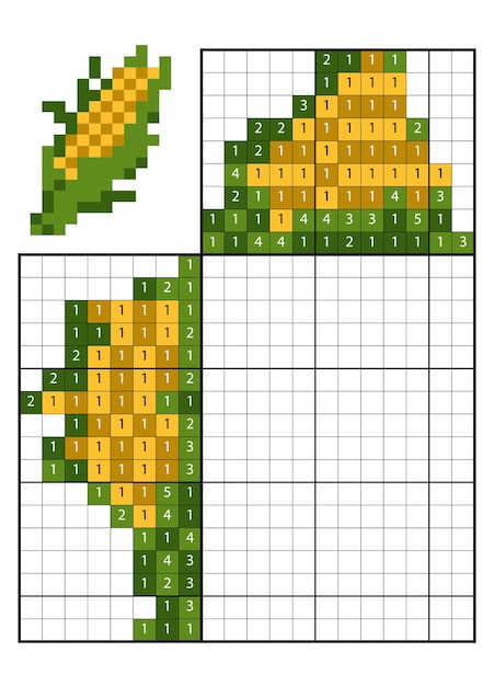 Vector pintar por rompecabezas numérico (nonograma), juego educativo para niños, maíz