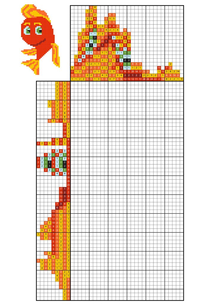 Vector pintar por rompecabezas numérico (nonograma), juego educativo para niños, pez