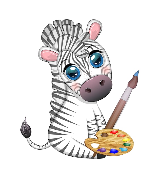 Pintor cebra con paleta de pintura y pincel Profesión hobby personaje infantil