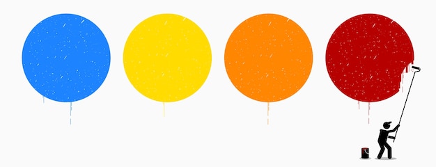 Pintor pintando cuatro círculos vacíos en la pared con diferentes colores de azul, amarillo, naranja y rojo. estos círculos de colores vacíos se pueden rellenar con cualquier icono o gráfico.