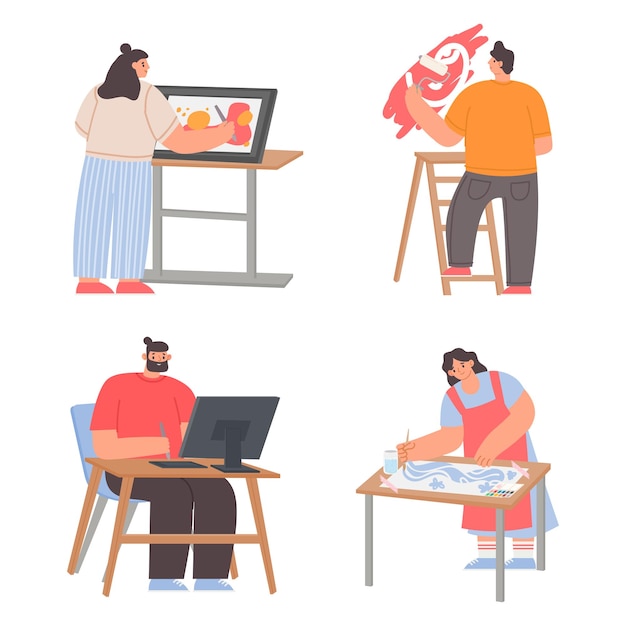 Pintores de arte Mujer pintando con pincel y paleta Personajes femeninos y masculinos Diseñadores gráficos usando computadora de escritorio