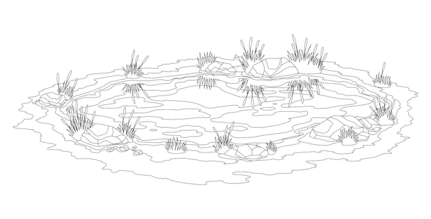 Pintoresco estanque natural. Concepto de lago de pantano pequeño abierto. Estanque de agua con juncos. Paisaje de campo natural. Escena de juego monocromática en estilo de dibujo a lápiz.