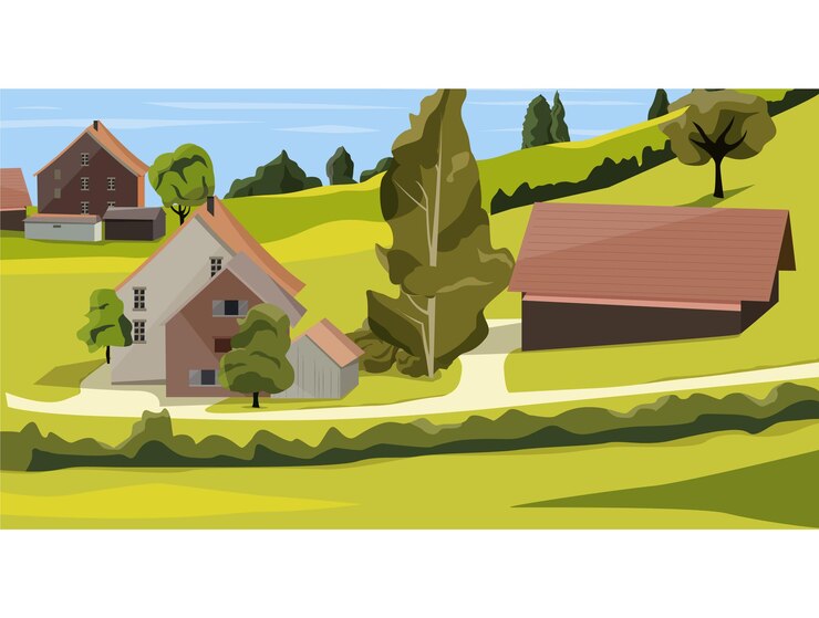 Pintoresco paisaje de aldea rural con casas árboles y colinas bajo un cielo azul