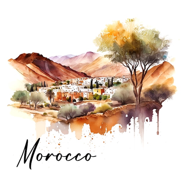 Pintoresco paisaje de marruecos acuarela arte áfrica