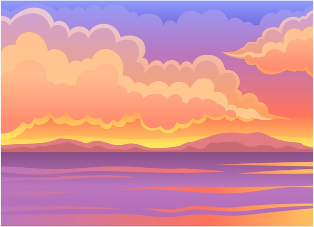 Pintoresco paisaje natural con ilustración vectorial de puesta de sol y vista del agua