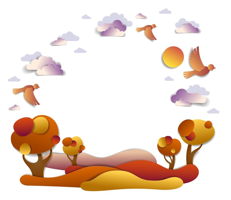 Vector pintoresco paisaje otoñal de prados y árboles, fondo con espacio para copiar, cielo nublado con pájaros y sol, ilustración vectorial en estilo infantil cortado en papel. otoño en el campo, los viajes y el turismo.