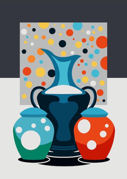 Pintura abstracta para un póster interior contemporáneo con un jarrón y dos jarras multicolores en la mesa