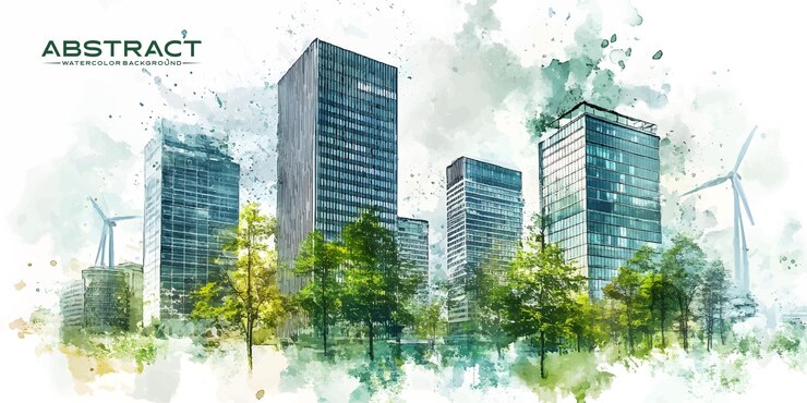 pintura de acuarela abstracta muestra una ciudad moderna con rascacielos y naturaleza