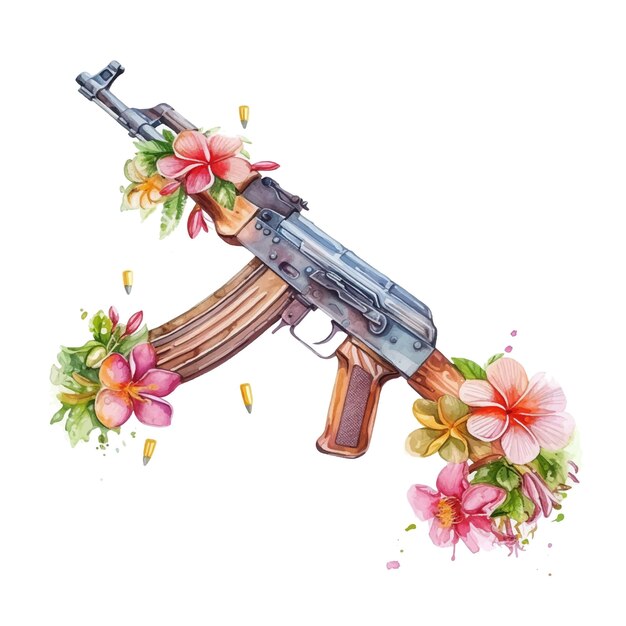 Vector pintura en acuarela de ak 47 rodeado de flores