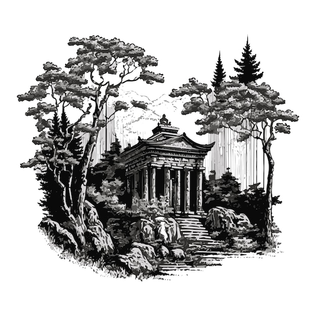 Pintura acuarela de un antiguo templo en medio de un bosque