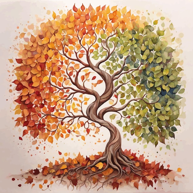 pintura de acuarela árbol de la vida con hojas cambiantes de las estaciones