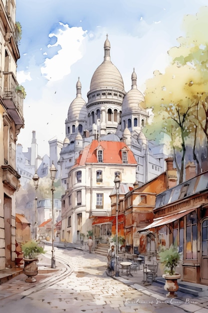 Pintura en acuarela de la basílica desde el área de montmartre