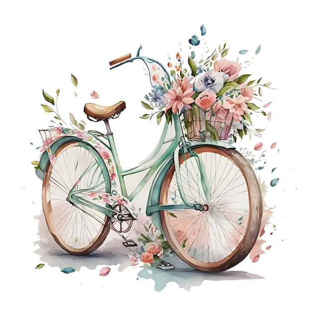 Una pintura de acuarela de una bicicleta con una cesta de flores.