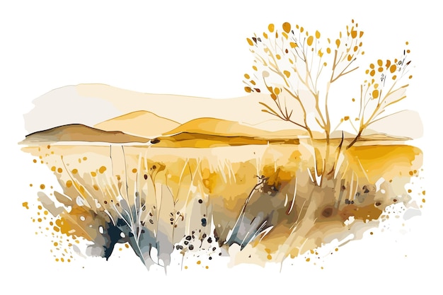 Una pintura de acuarela de un campo con montañas al fondo.